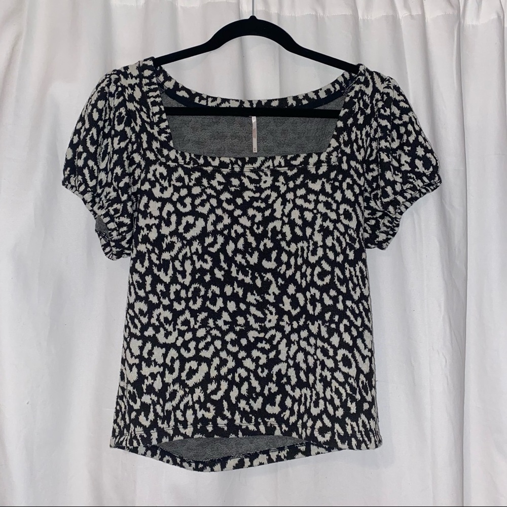 NWOT Free People No Type Tee Square Neck Cheetah Print Puff Sleeve Top